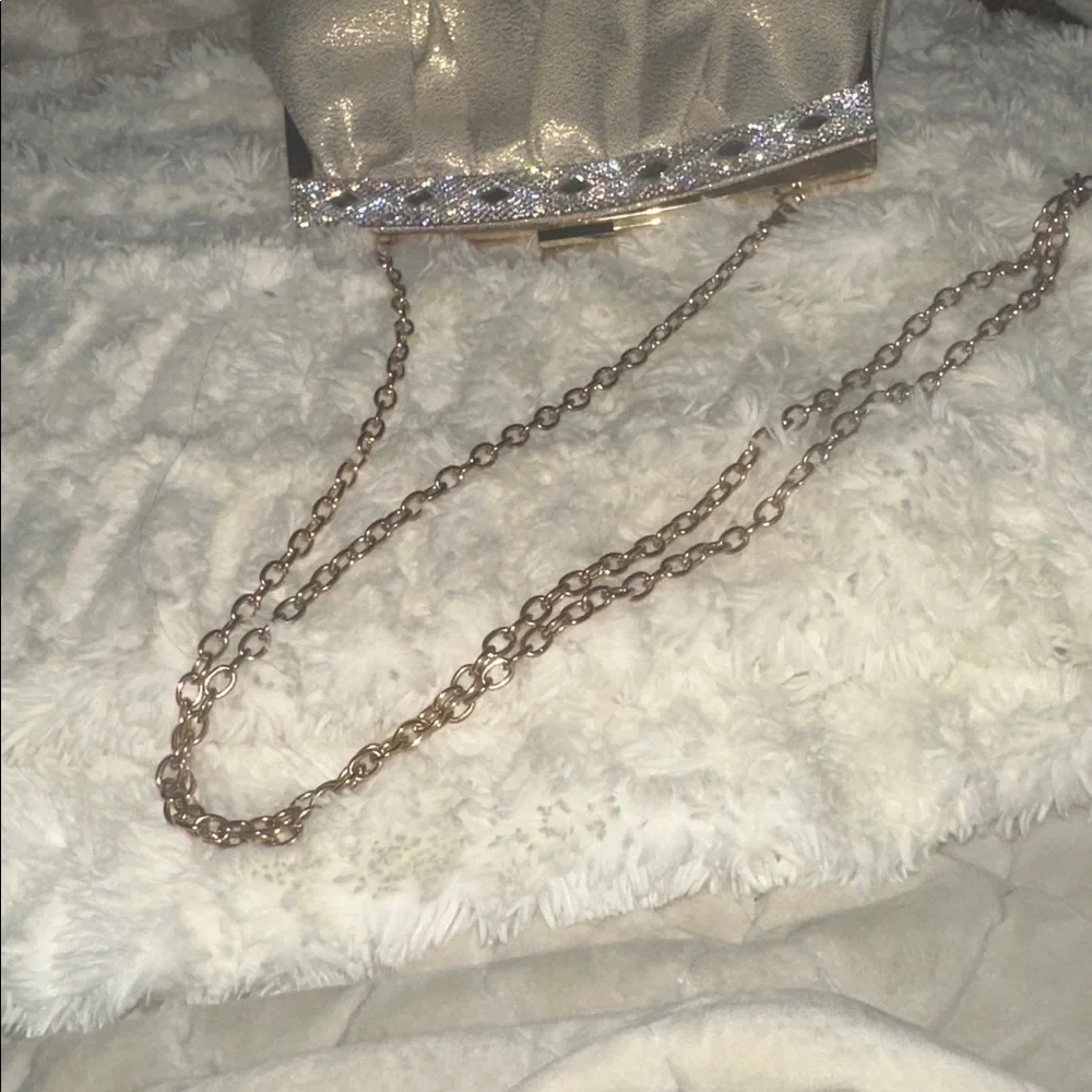 Gleaming Cream Clutch with Rhinestone Detail Detachabable  D- Ring long chain.